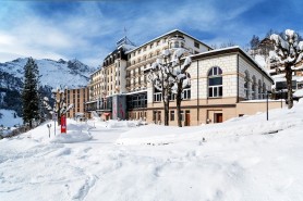 Snowy exterior of the Hotel Terrace 