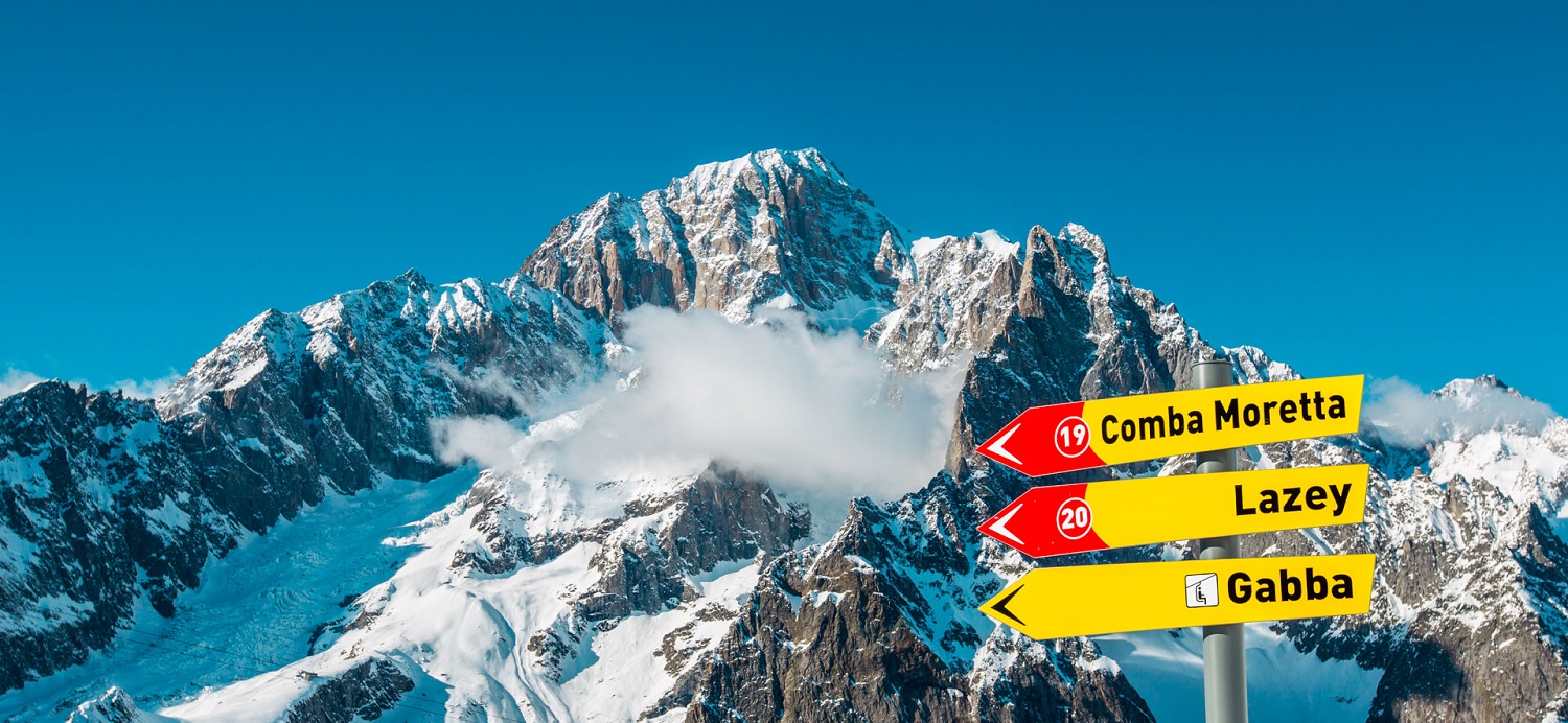 Courmayeur sign posting with background mountain